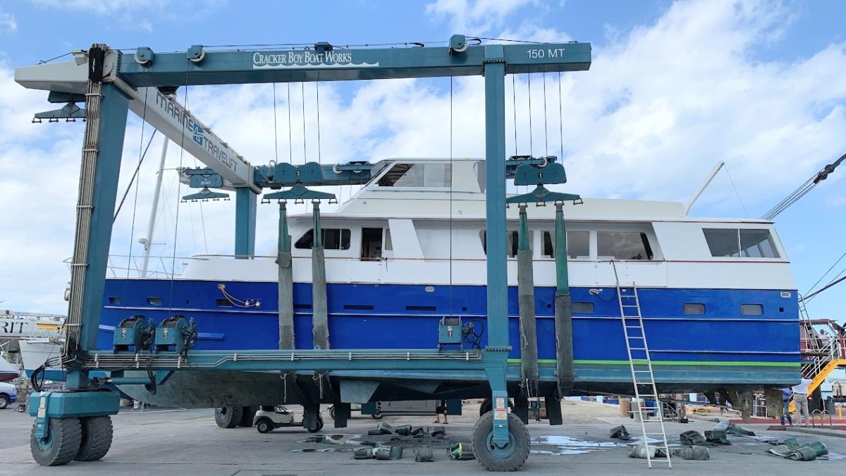 Huckins Yacht - Hauled out for Marine Survey at Crack boy Boat works florida palm beach riveria beach