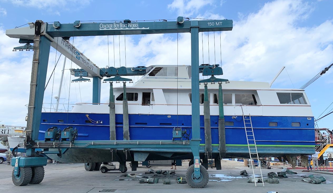 Huckins Yacht - Hauled out for Marine Survey at Crack boy Boat works florida palm beach riveria beach