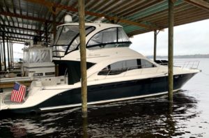 Blue 2008 Sea Ray Sedan Bridge 58 Dock Side at Doctors Lake Marina in Oragne Park Florida