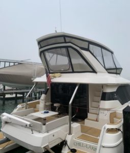 2017 Aquila 44 Catamaran - aft deck inspection by Boat Surveyor at Marine Max in St Pete